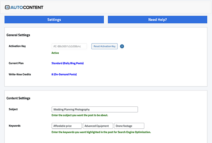 Autocontent Plugin Settings